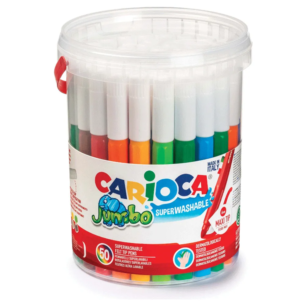 pennarelli-carioca-super-lavabili-secchiello Barattolo 50 Pennarelli Maxi Jumbo Baby Punta Larga Carioca - immagine 1
